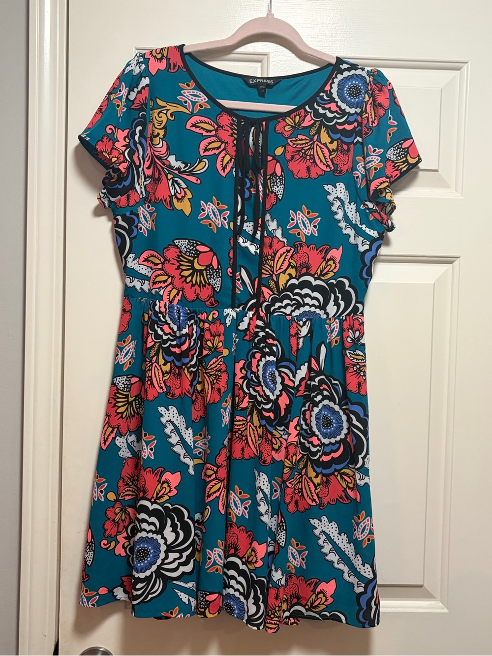Express Teal Floral Tie-Front Short Sleeve Dress